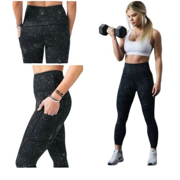 Ziya Active Black Reflected Spotted Spandex Leggings 7/8 Size 4 - Picture 1 of 11